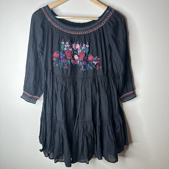 Free People Dress XS Womens Black Sunbeams Floral Embroidered Mini Babydoll Boho - Picture 3 of 13